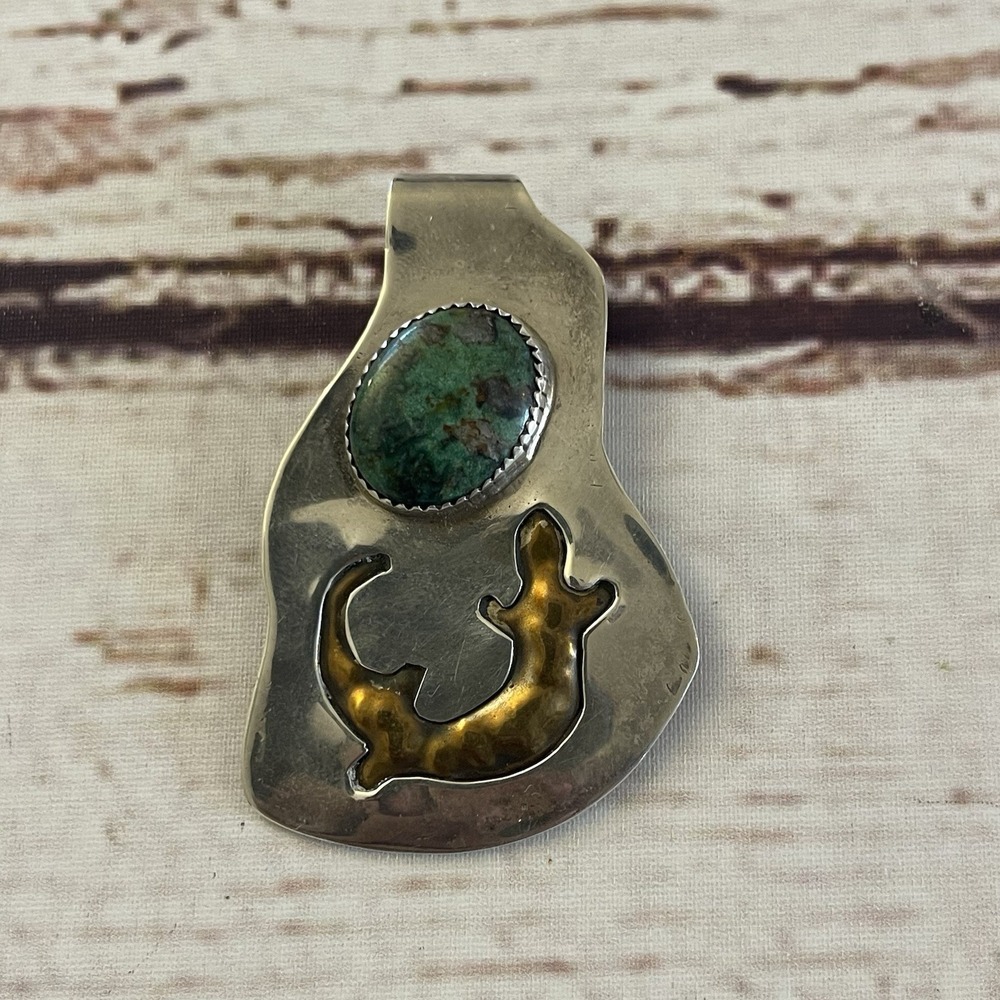 Native American Handmade Sterling Silver Brass Turquoise Salamander Money Clip